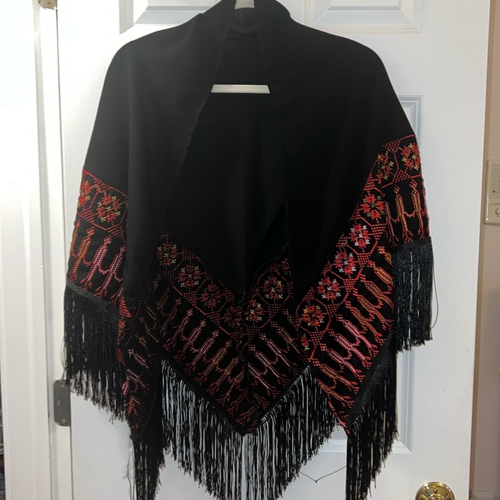 - Hand stitched Palestinian embroidery shawl with fringe